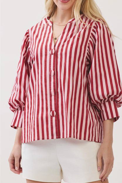 Stripe Bishop Sleeve Blouse - Pink/Wine