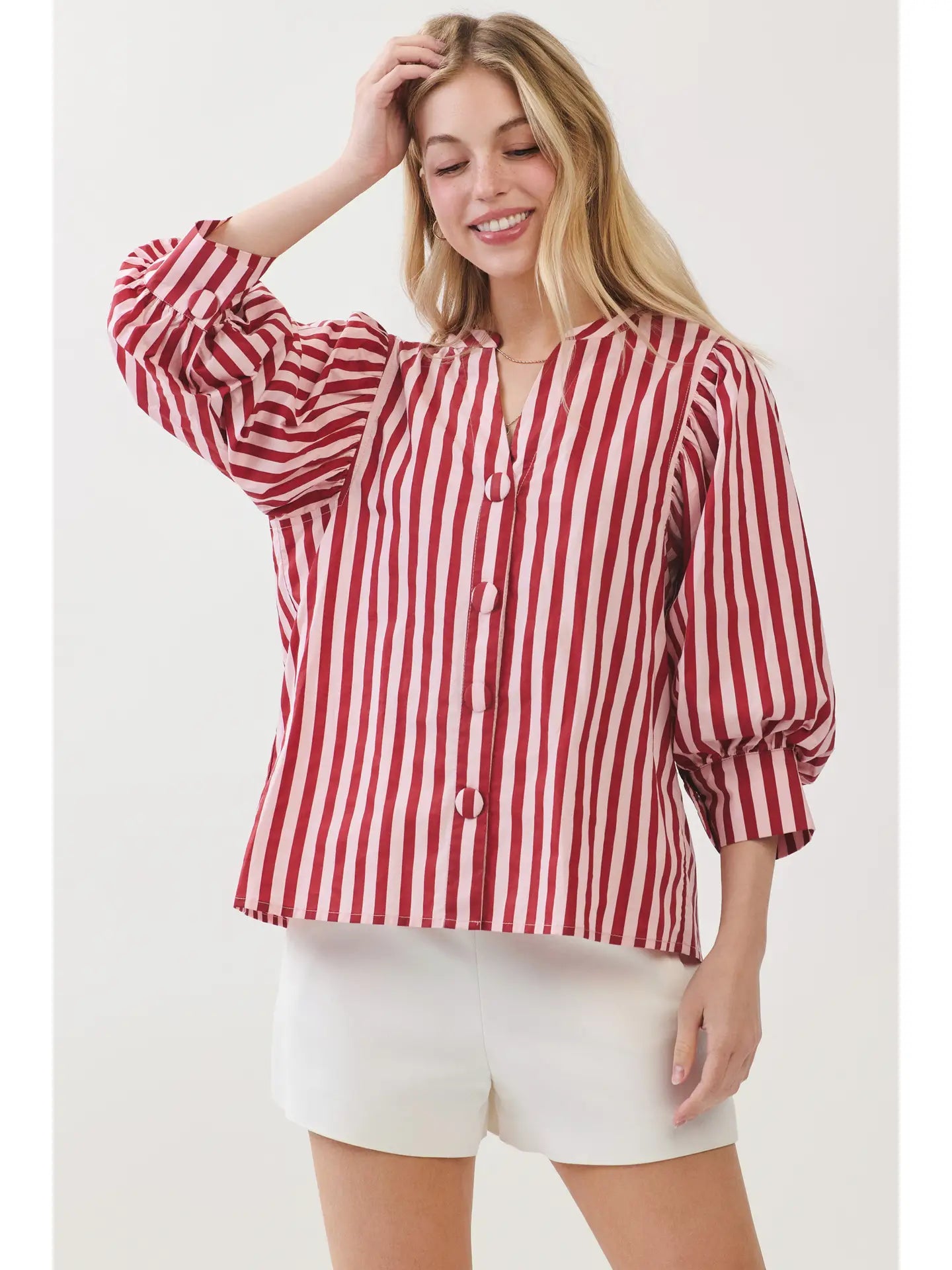 Stripe Bishop Sleeve Blouse - Pink/Wine