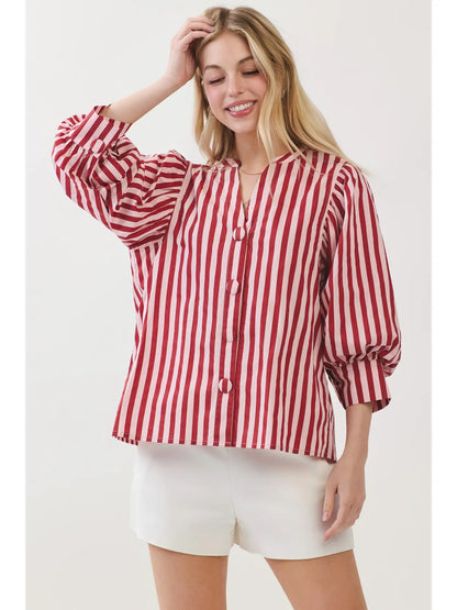 Stripe Bishop Sleeve Blouse - Pink/Wine