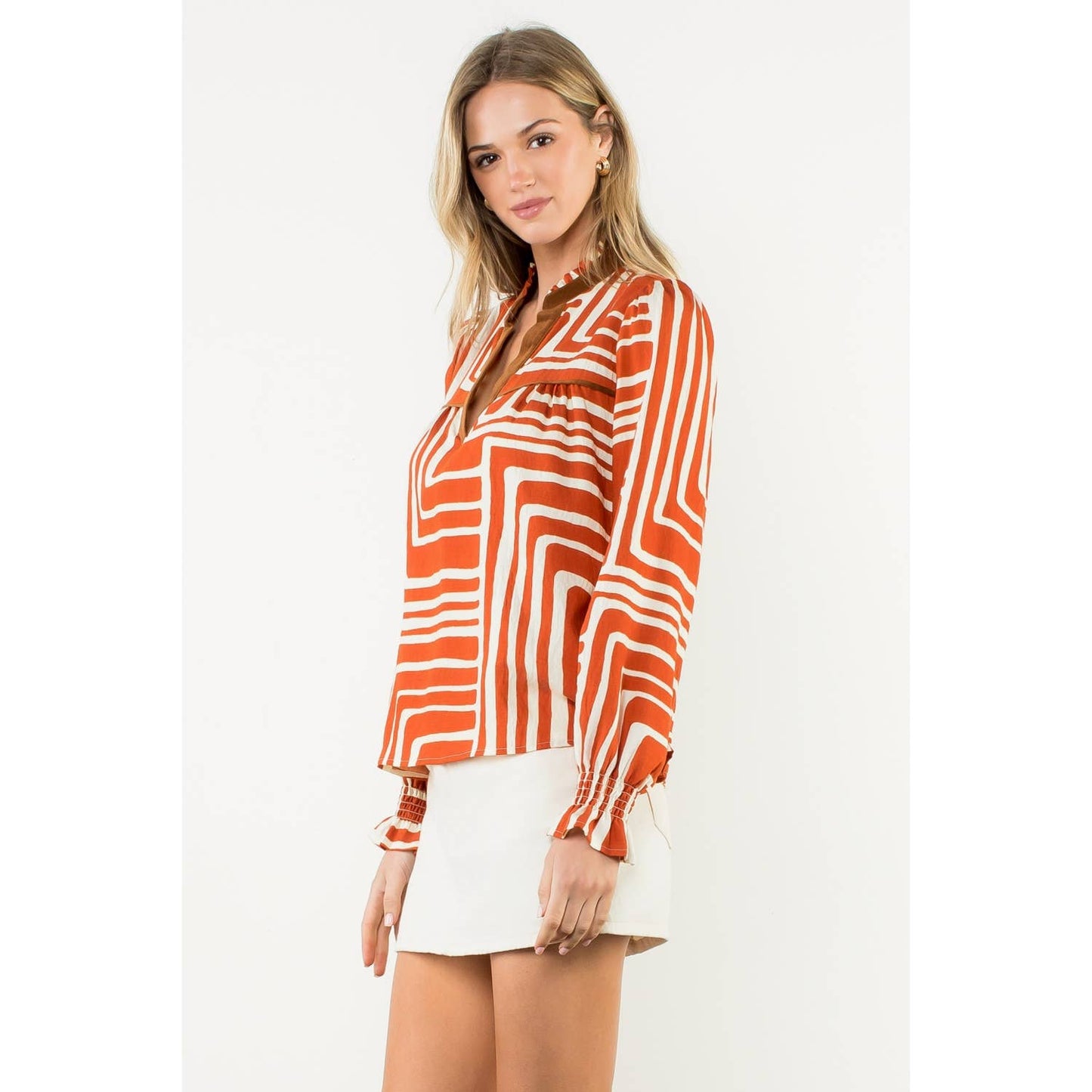Abstract Print Long Sleeve V-Neck Top - Rust