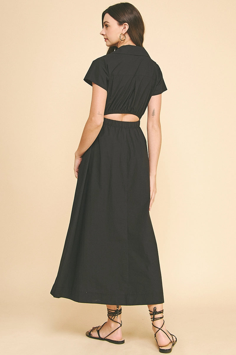 Solid Midi Dress with Open Back - Black