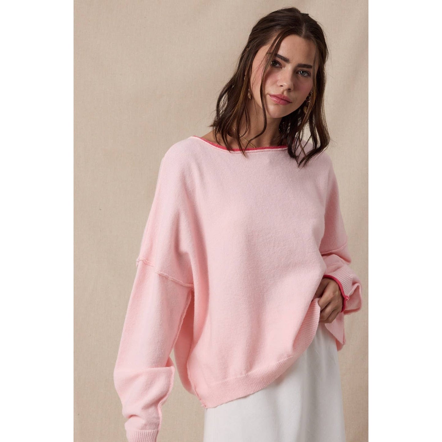 Brushed Contrast Boat Neck Sweater - Pink/Punch