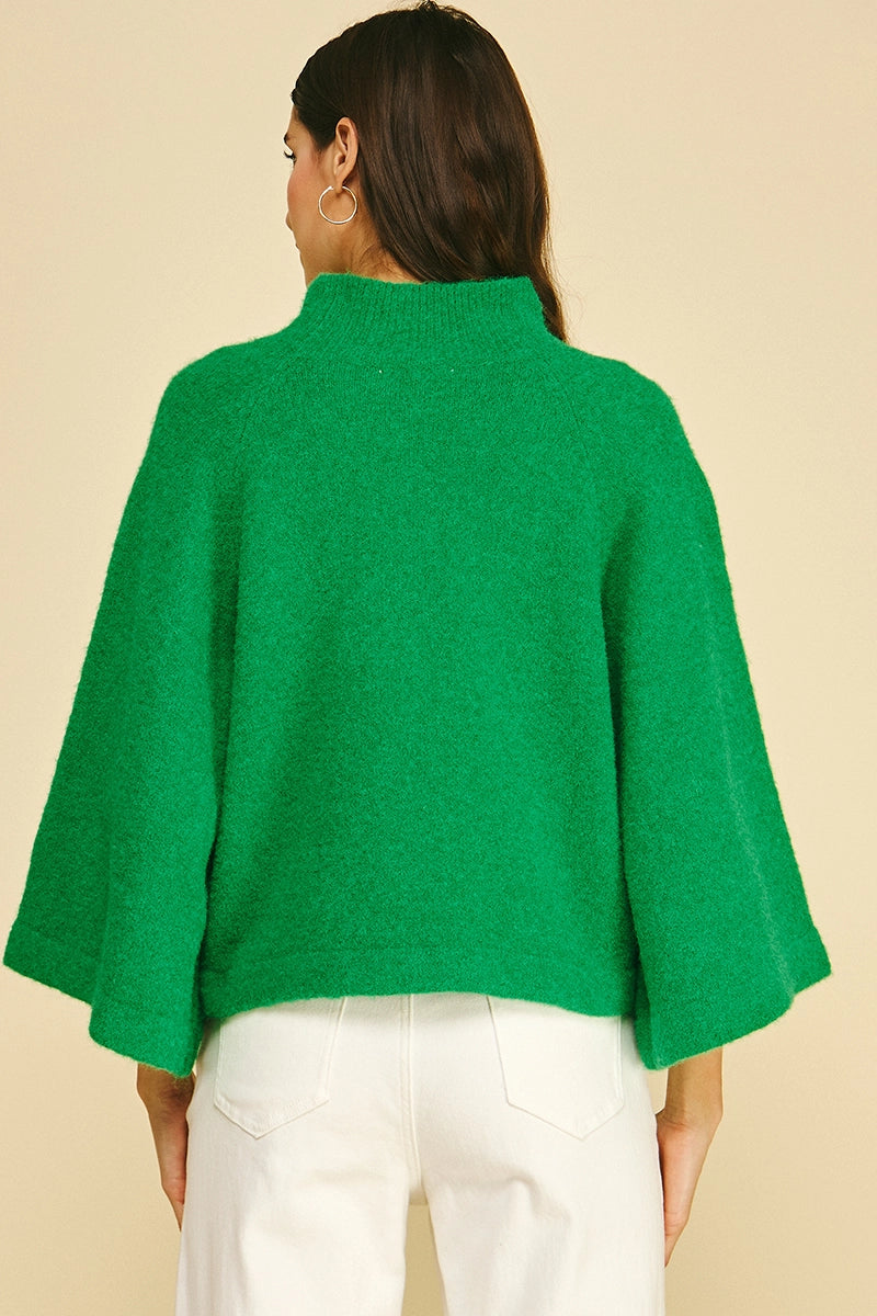 Wide Sleeve Mock Neck Sweater - Green