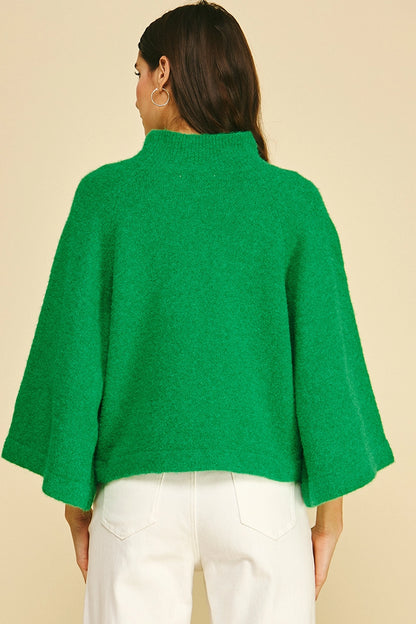 Wide Sleeve Mock Neck Sweater - Green