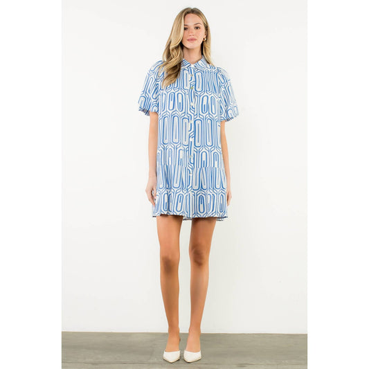 Geometric Puff Sleeve Button Dress - Blue