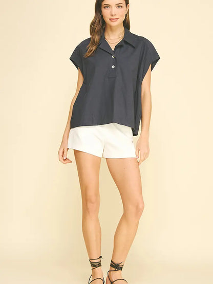 Solid Cap Sleeve Blouse Top - Navy