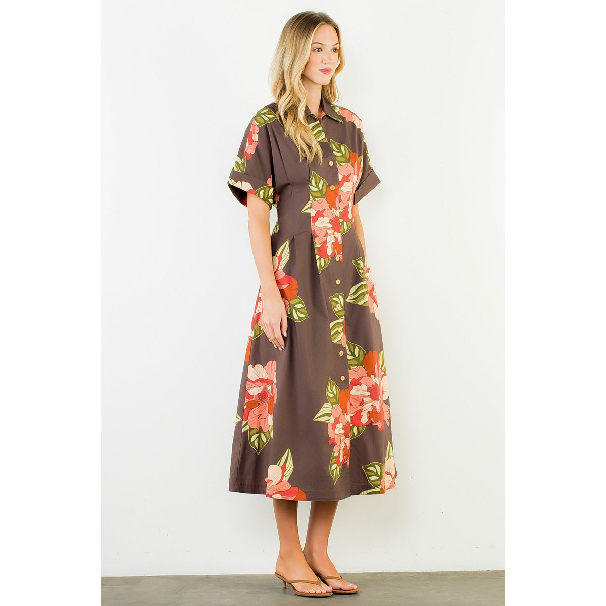 Long Flower Dress with Cuff Sleeves - Brown