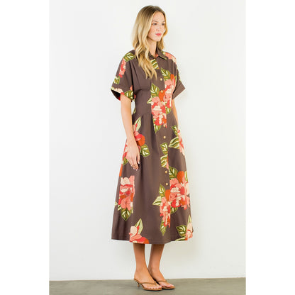Long Flower Dress with Cuff Sleeves - Brown