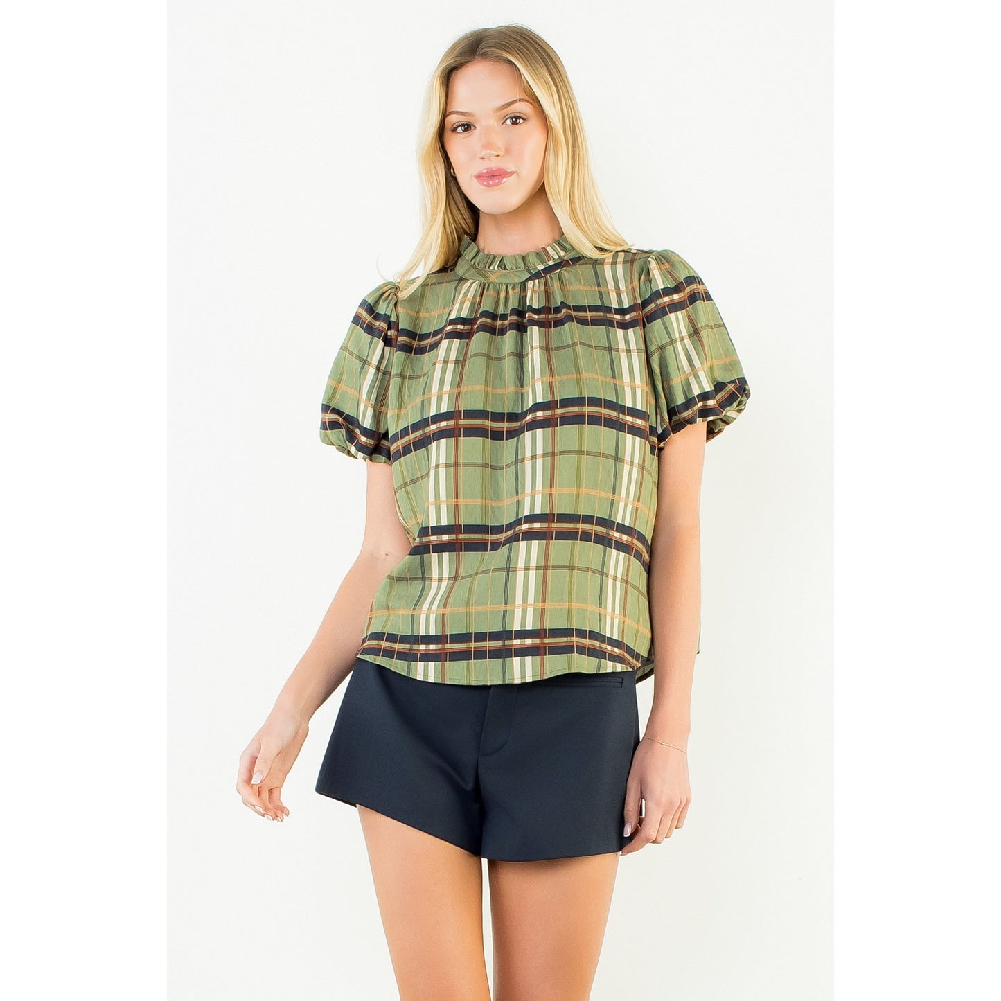 Ruffled Neck Plaid Top - Olive