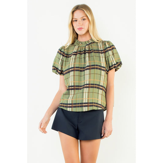 Ruffled Neck Plaid Top - Olive