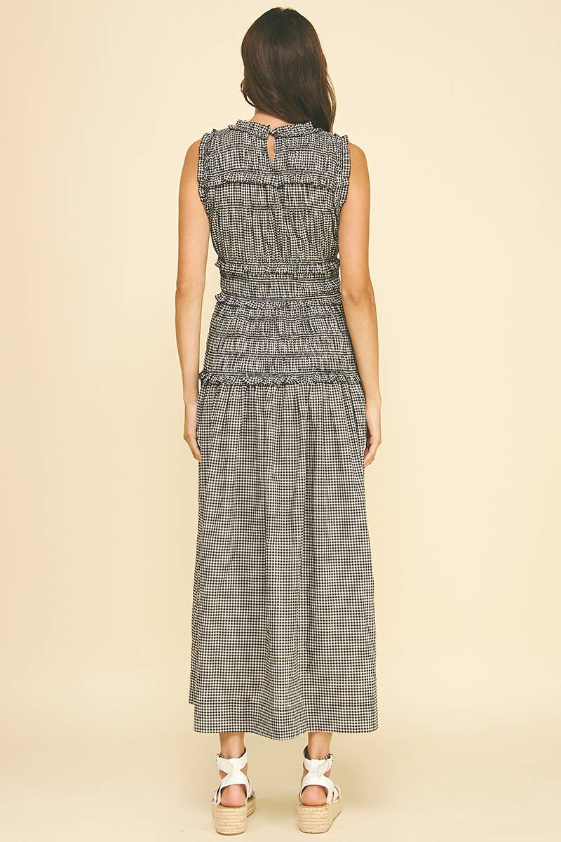 Gingham Shirring Detailed Maxi Dress - Black