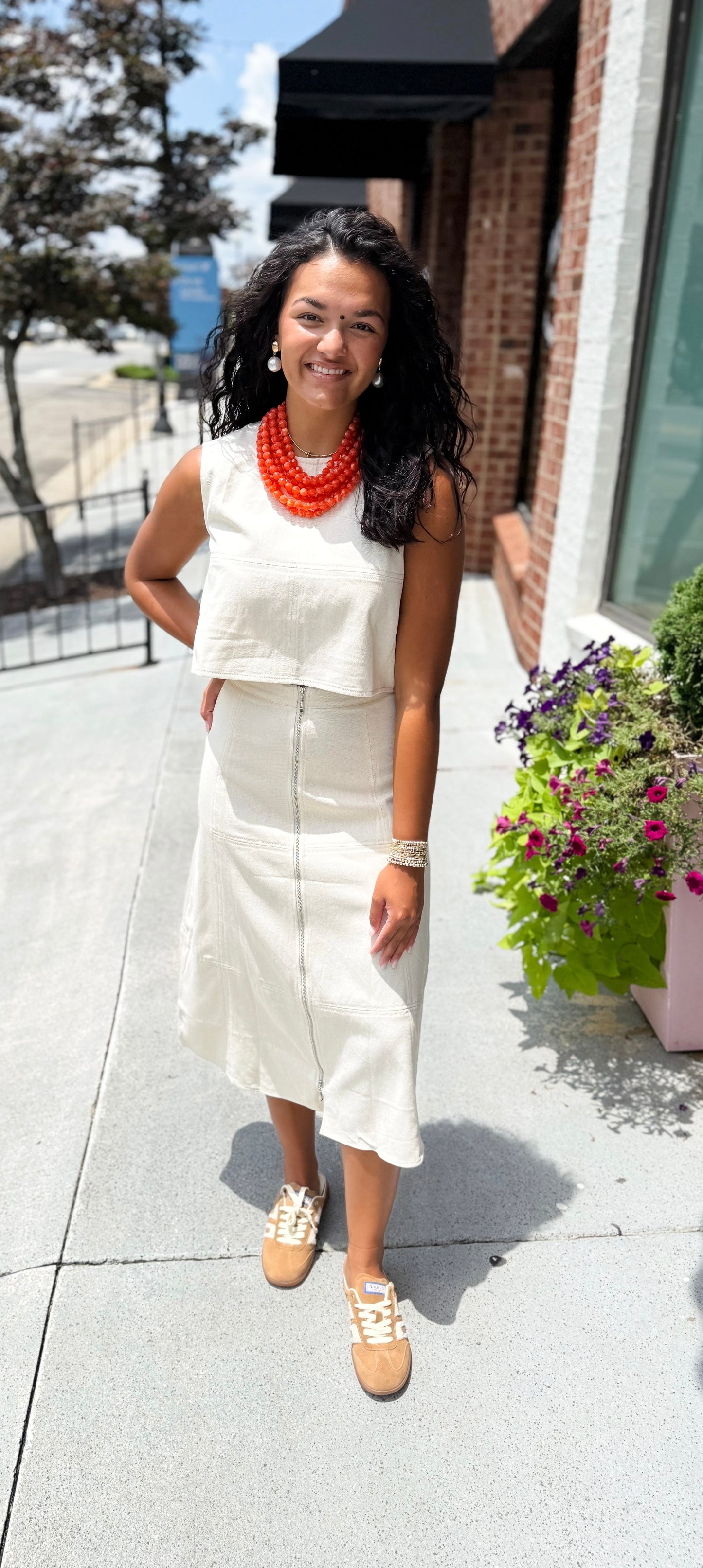 Front Zip Denim Midi Skirt - Oatmeal