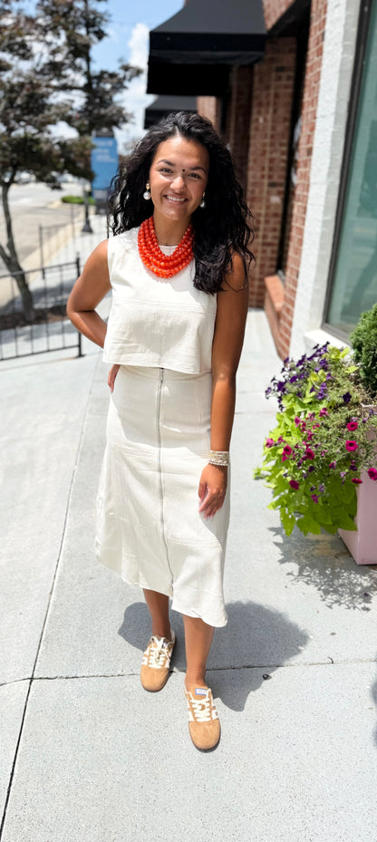 Front Zip Denim Midi Skirt - Oatmeal