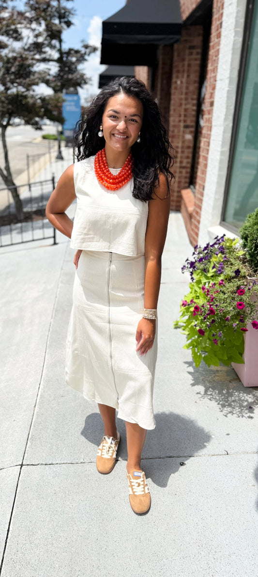 Denim Crop Top w/ Back Zipper - Oatmeal