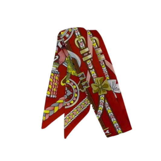 Baroque Chain & Ornamental Print Twilly Scarf - Red