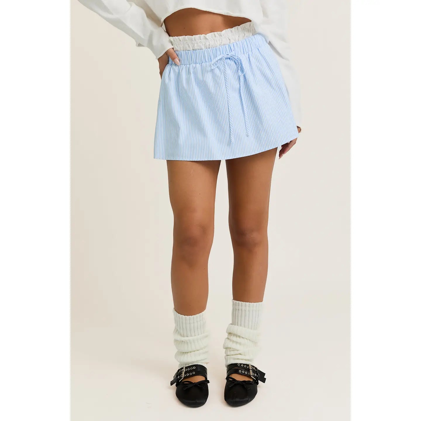 Contrast Waist Mini Skirt - White/Light Blue Stripe