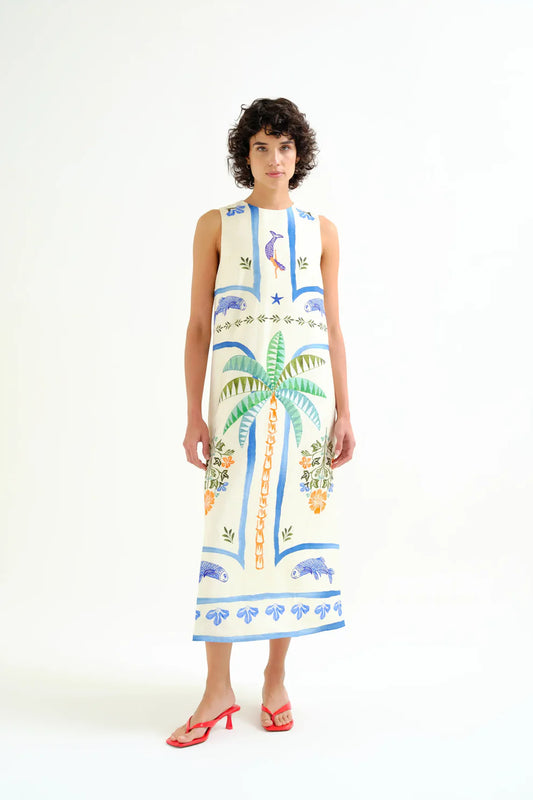 Palm & Mermaid Print Long Dress