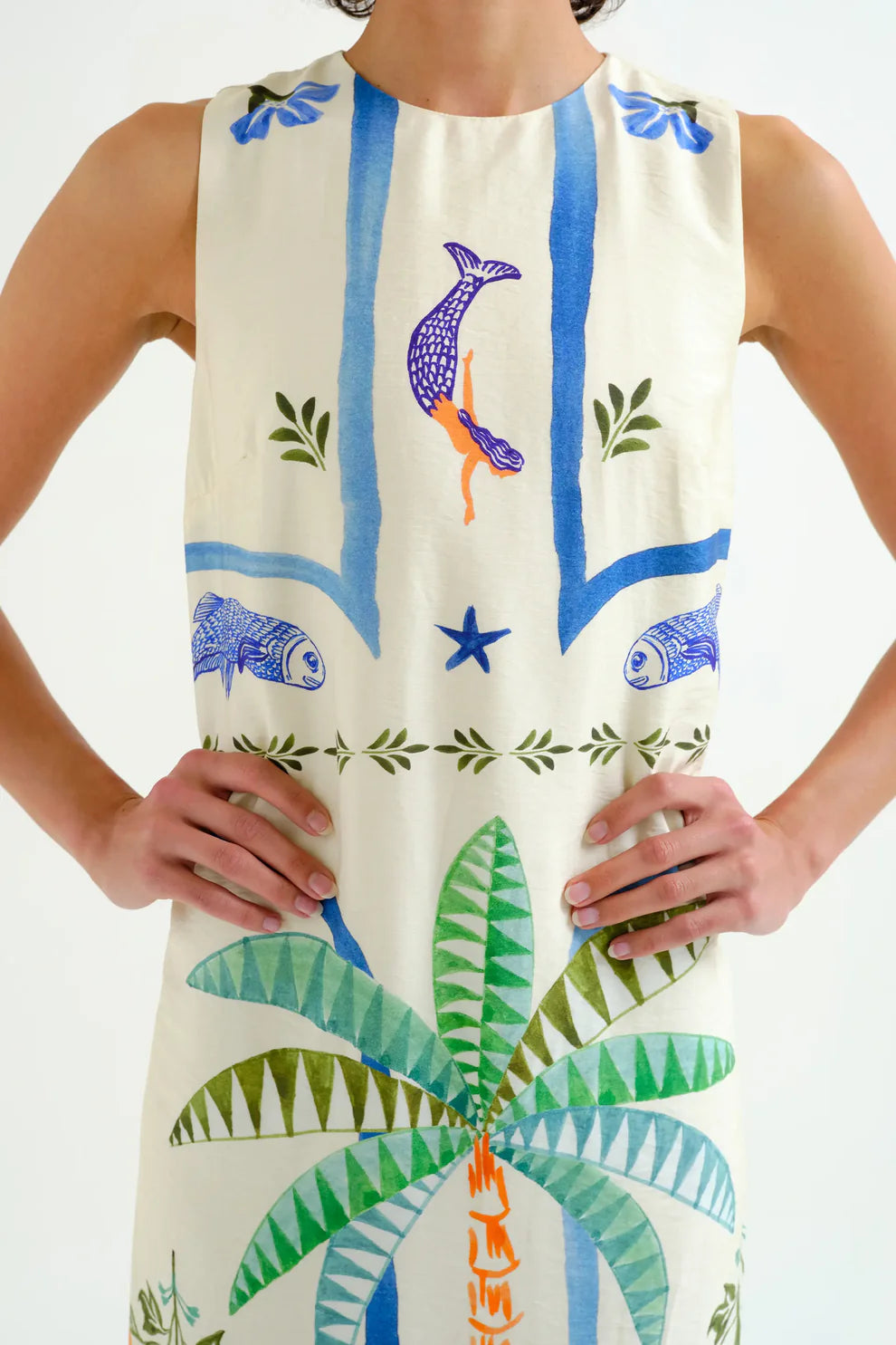 Palm & Mermaid Print Long Dress