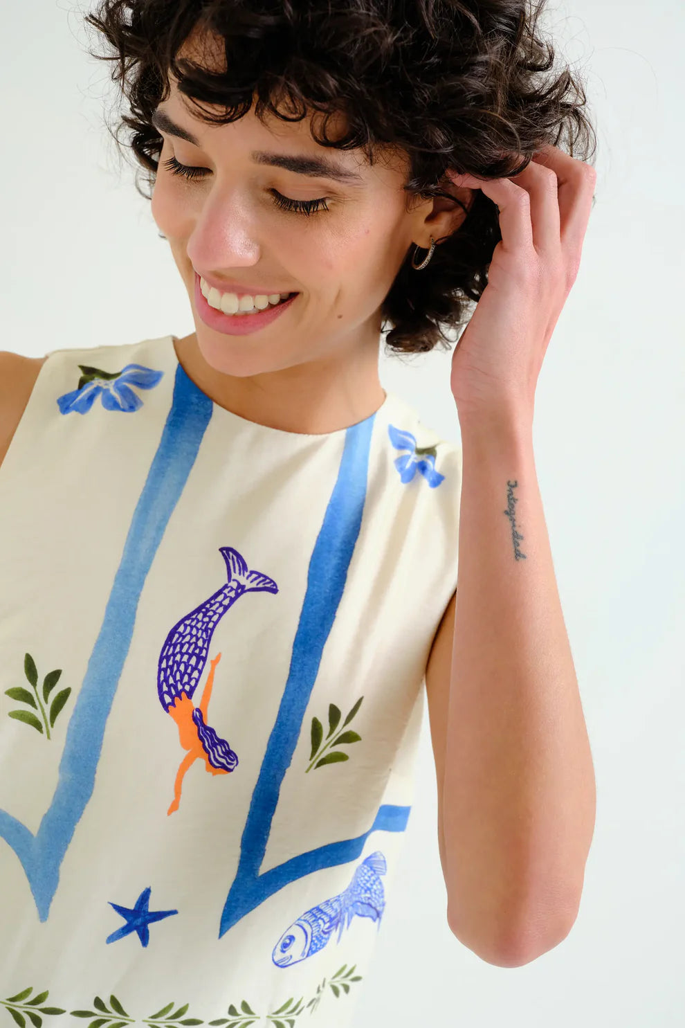 Palm & Mermaid Print Long Dress