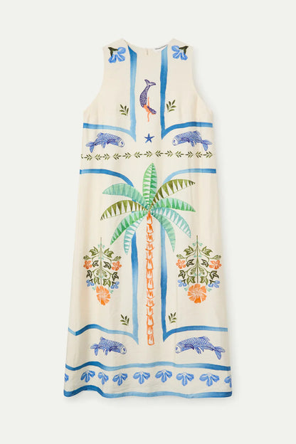 Palm & Mermaid Print Long Dress