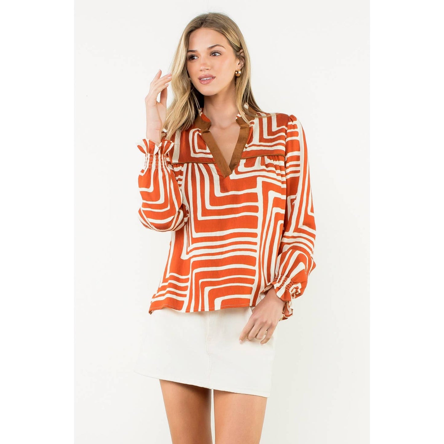 Abstract Print Long Sleeve V-Neck Top - Rust