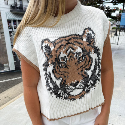 Game Day Tiger Intarsia Sweater Vest - Ivory/Brown