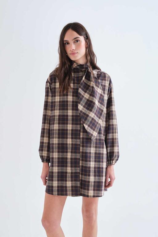 Plaid Bow Neck Tie Dress - Checks