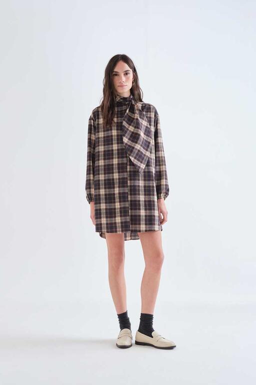 Plaid Bow Neck Tie Dress - Checks