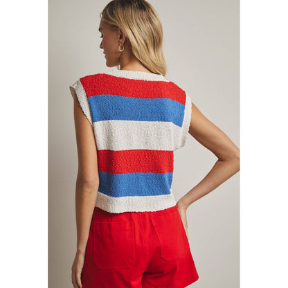 Striped Relaxed Crop Sweater Vest - Off White/Red