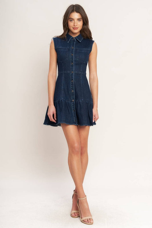 Washed Denim Mini Dress - Medium Indigo