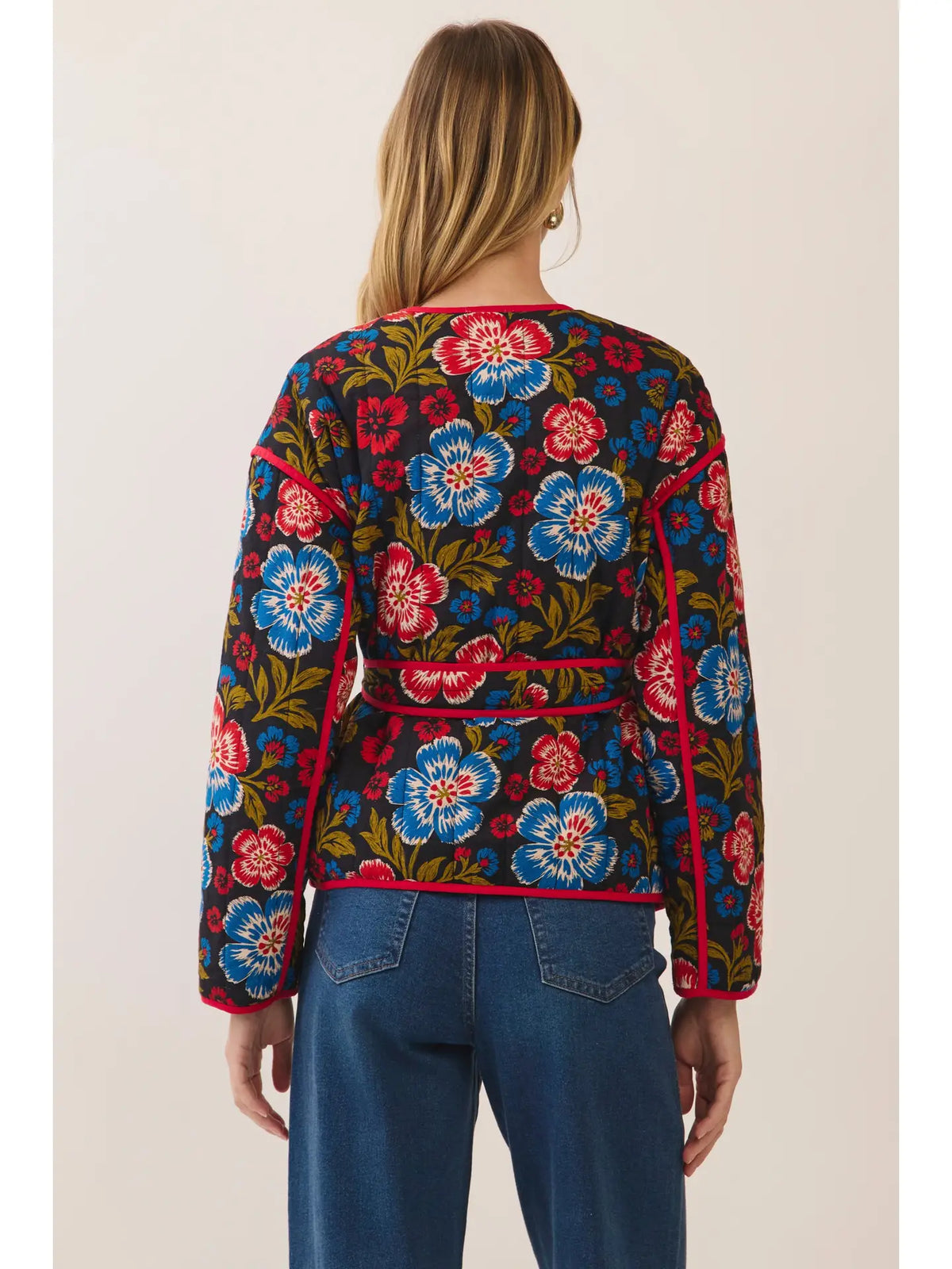 Floral Print Belted Jacket - Black