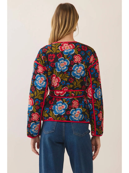 Floral Print Belted Jacket - Black