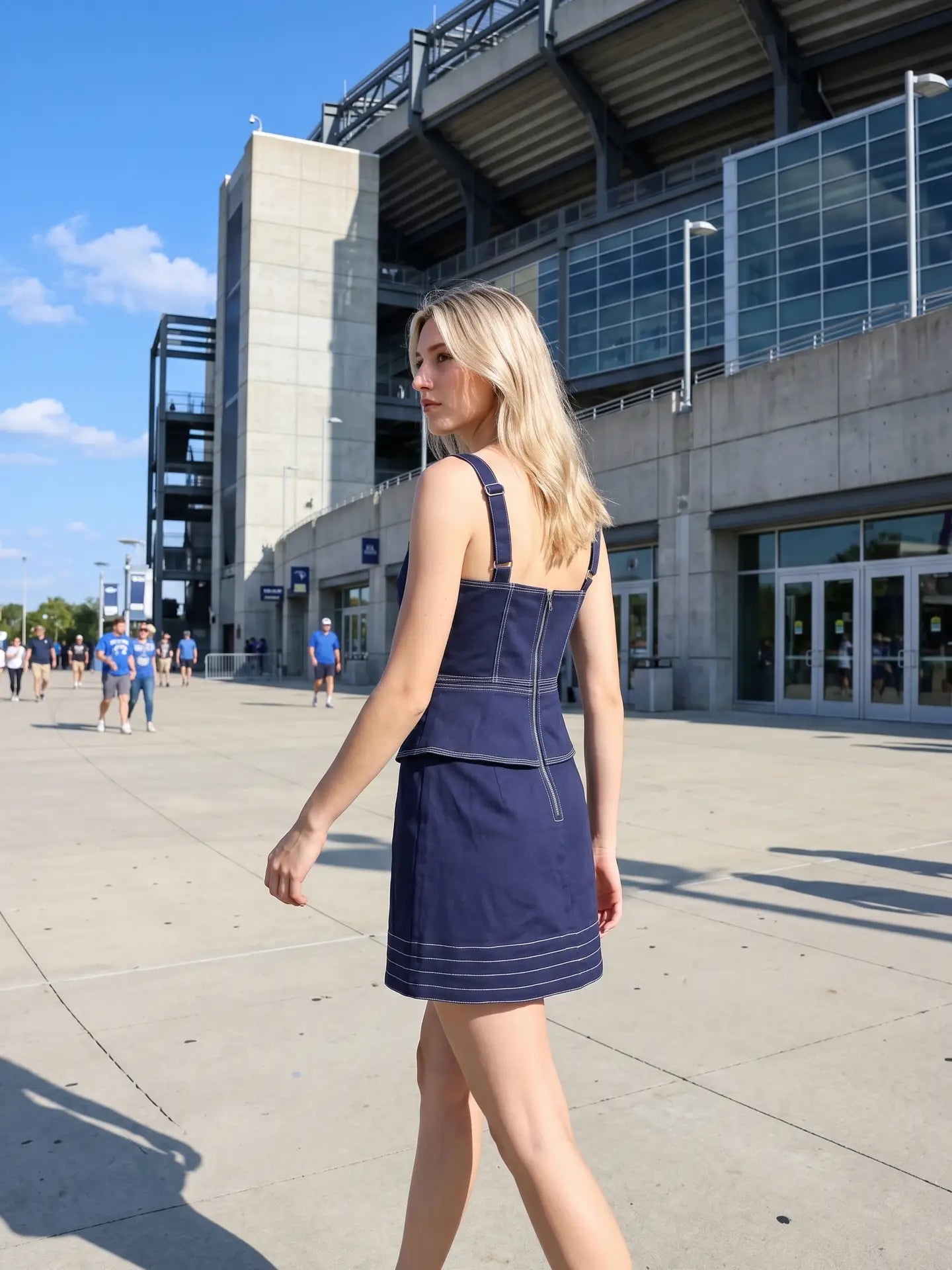 Stitch Detail Stretch Cotton Denim Mini Dress - Navy