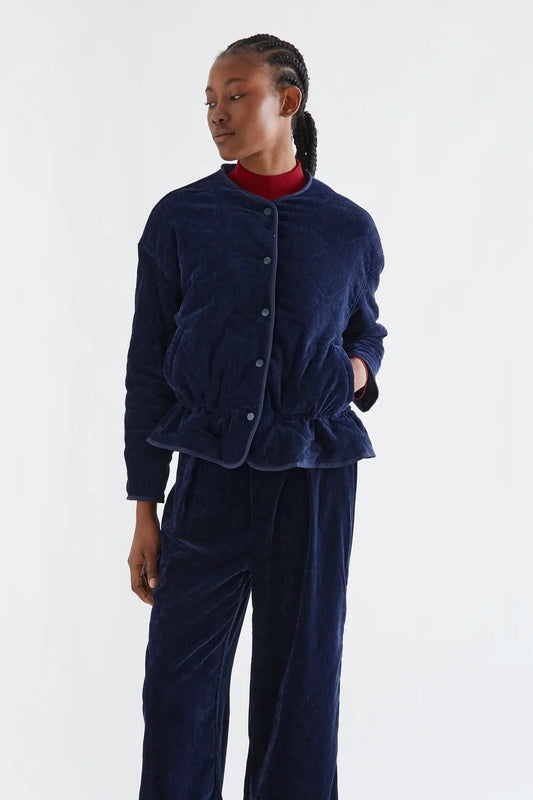 Quilted Padded Velvet Jacket -  Navy Blue