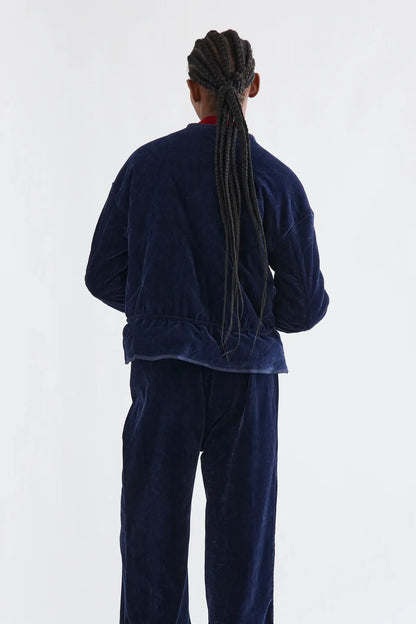 Quilted Padded Velvet Jacket -  Navy Blue