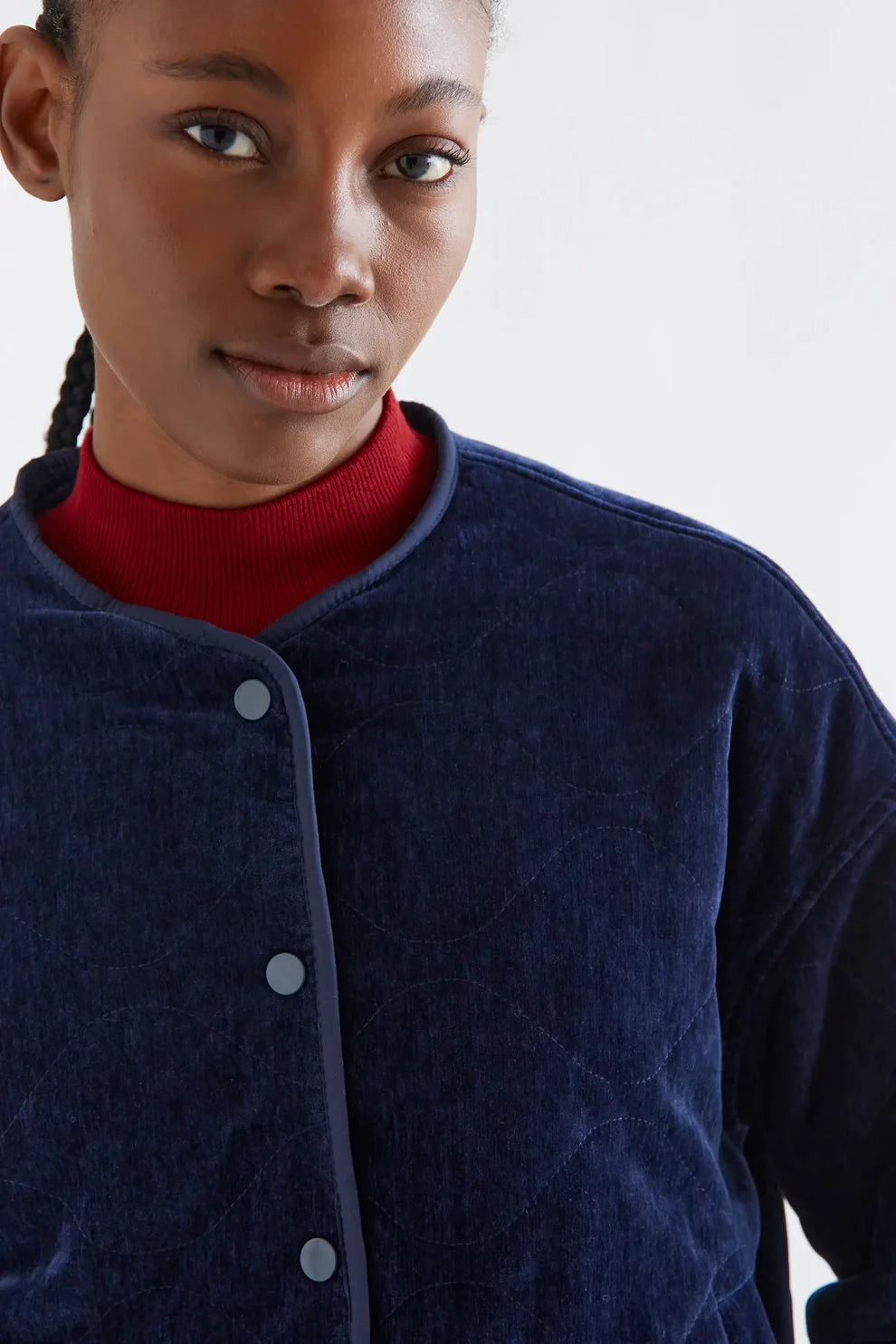 Quilted Padded Velvet Jacket -  Navy Blue
