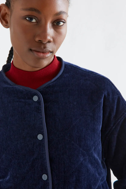 Quilted Padded Velvet Jacket -  Navy Blue