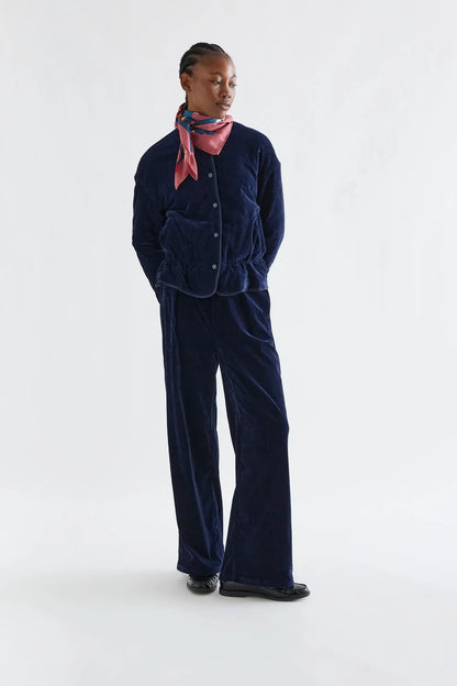 Quilted Padded Velvet Jacket -  Navy Blue