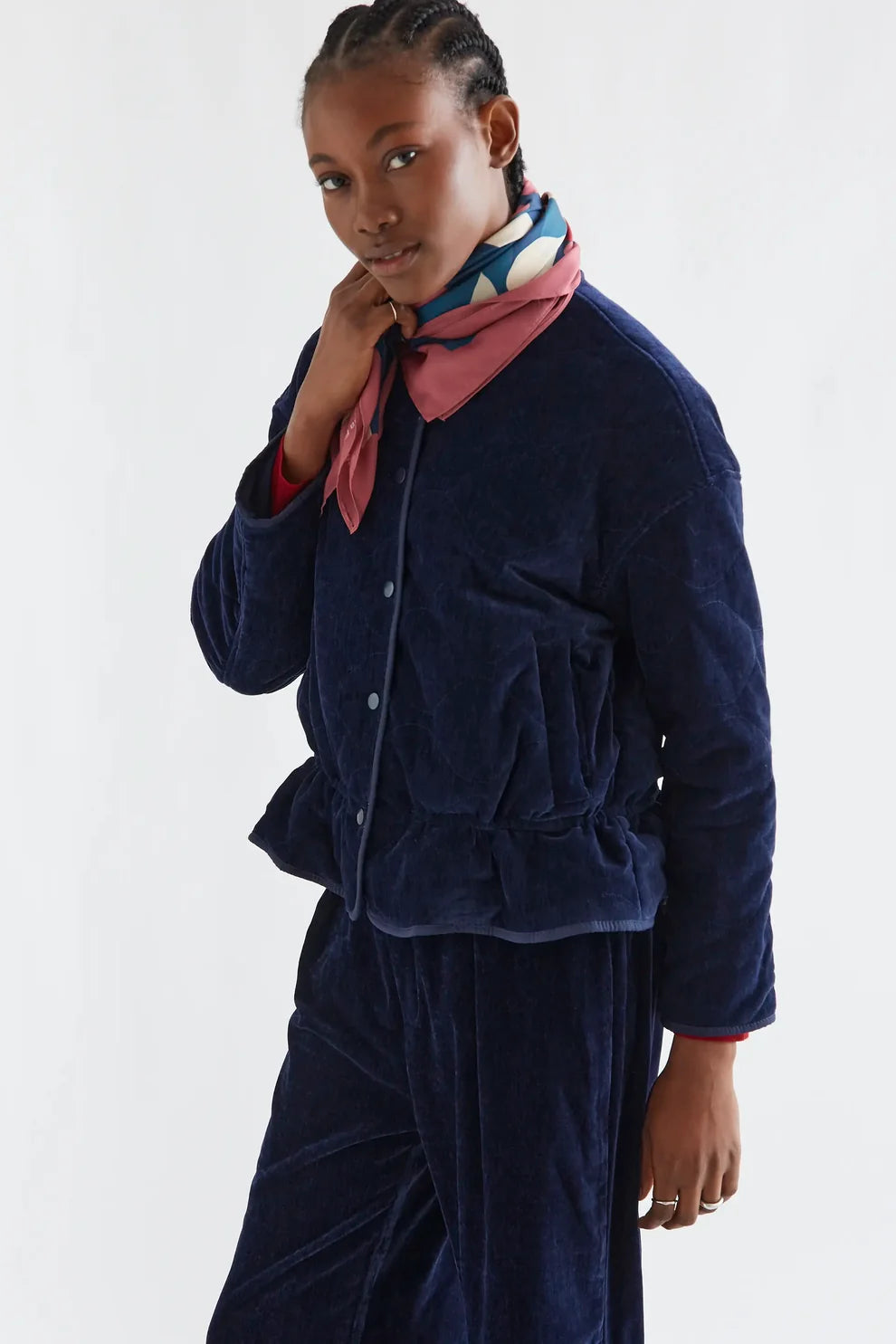 Quilted Padded Velvet Jacket -  Navy Blue