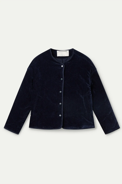 Quilted Padded Velvet Jacket -  Navy Blue