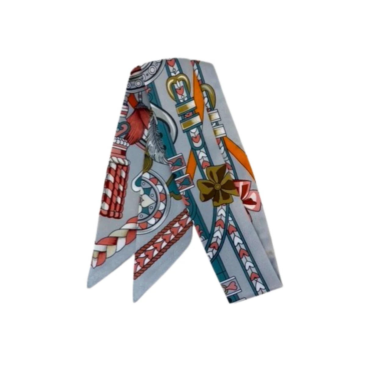 Baroque Chain & Ornamental Print Twilly Scarf - Grey