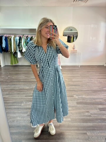 Gingham Puff Sleeve Midi Dress - Blue Multi