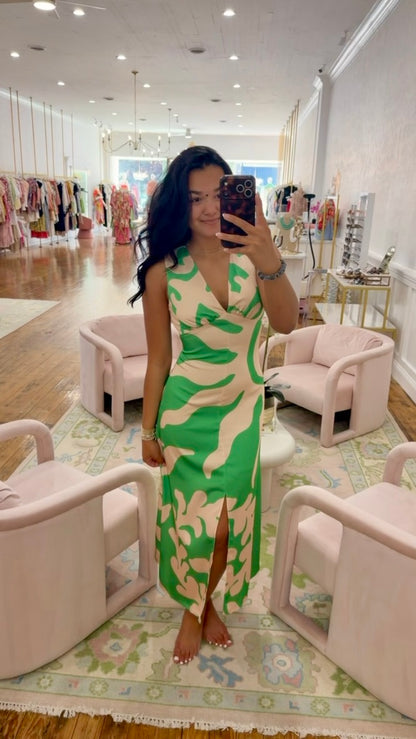 Penny Open Twist-Back Midi Dress - Green Multi