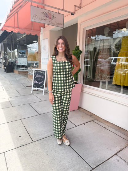 Gingham Wide Leg Pants - Army