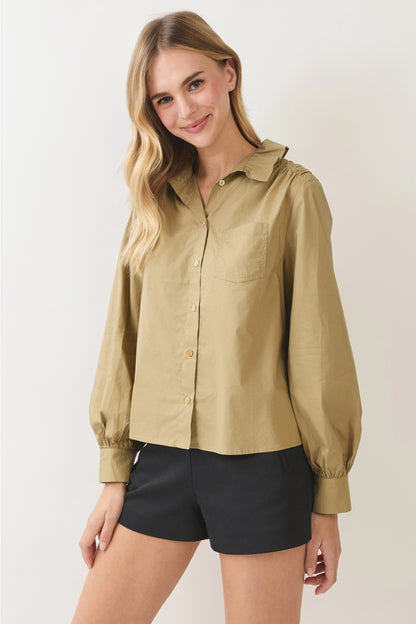 Ruffled High-Neck Button Down Shirt - Khaki