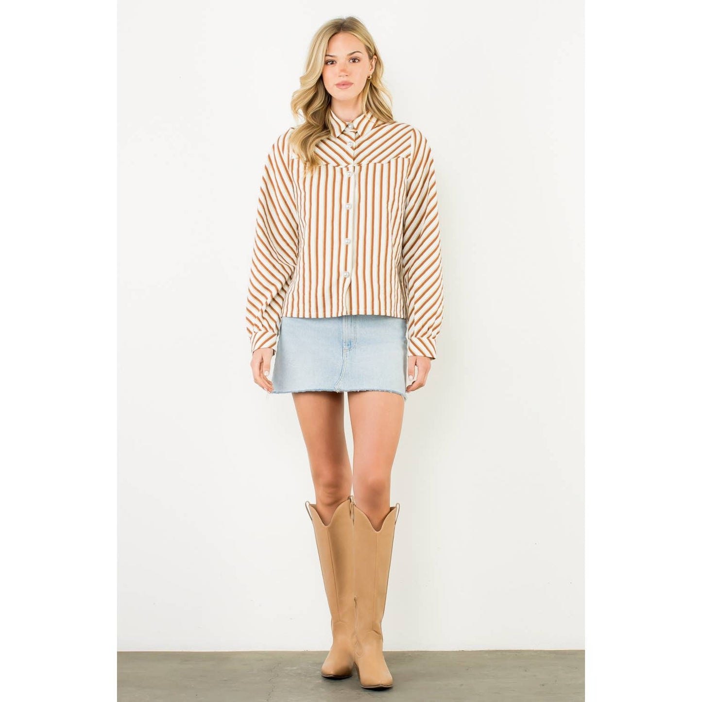 Pearl Button Long Sleeve Stripe Top - Brown