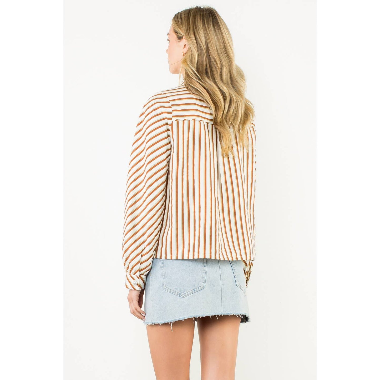Pearl Button Long Sleeve Stripe Top - Brown