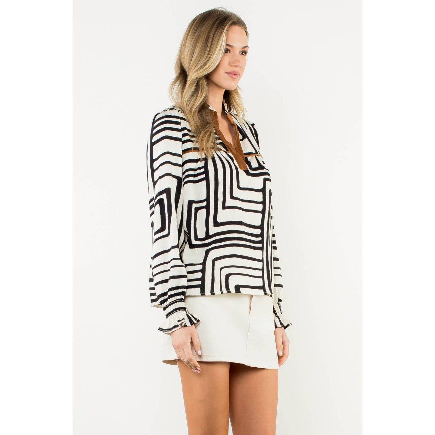 Abstract Print Long Sleeve V-Neck Top - Cream