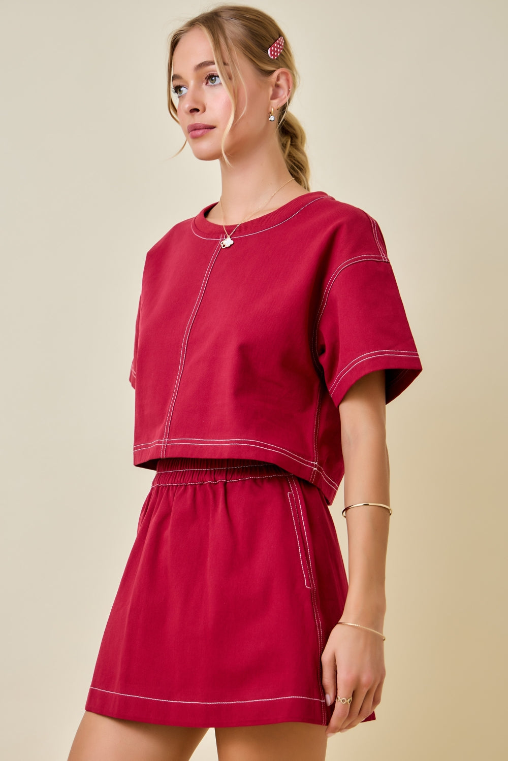 Boxy Cropped Contrast Stitch Detail Top - Maroon