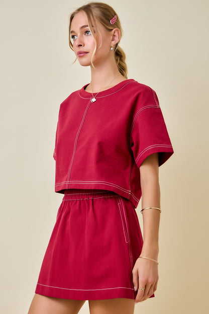 Boxy Cropped Contrast Stitch Detail Top - Maroon